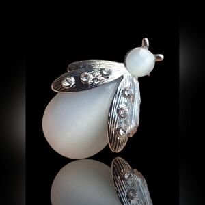 Vintage Lady Bug Moonstone Jelly Belly Rhinestones Brooch Pin